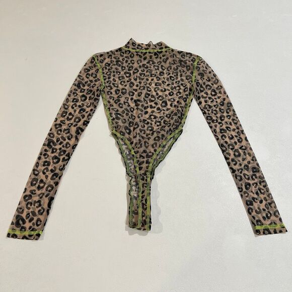 Oh Polly Leopard Mesh Bodysuit Size 4 Sheer Long Sleeve Snaps Y2K Clubwear - Picture 2 of 8
